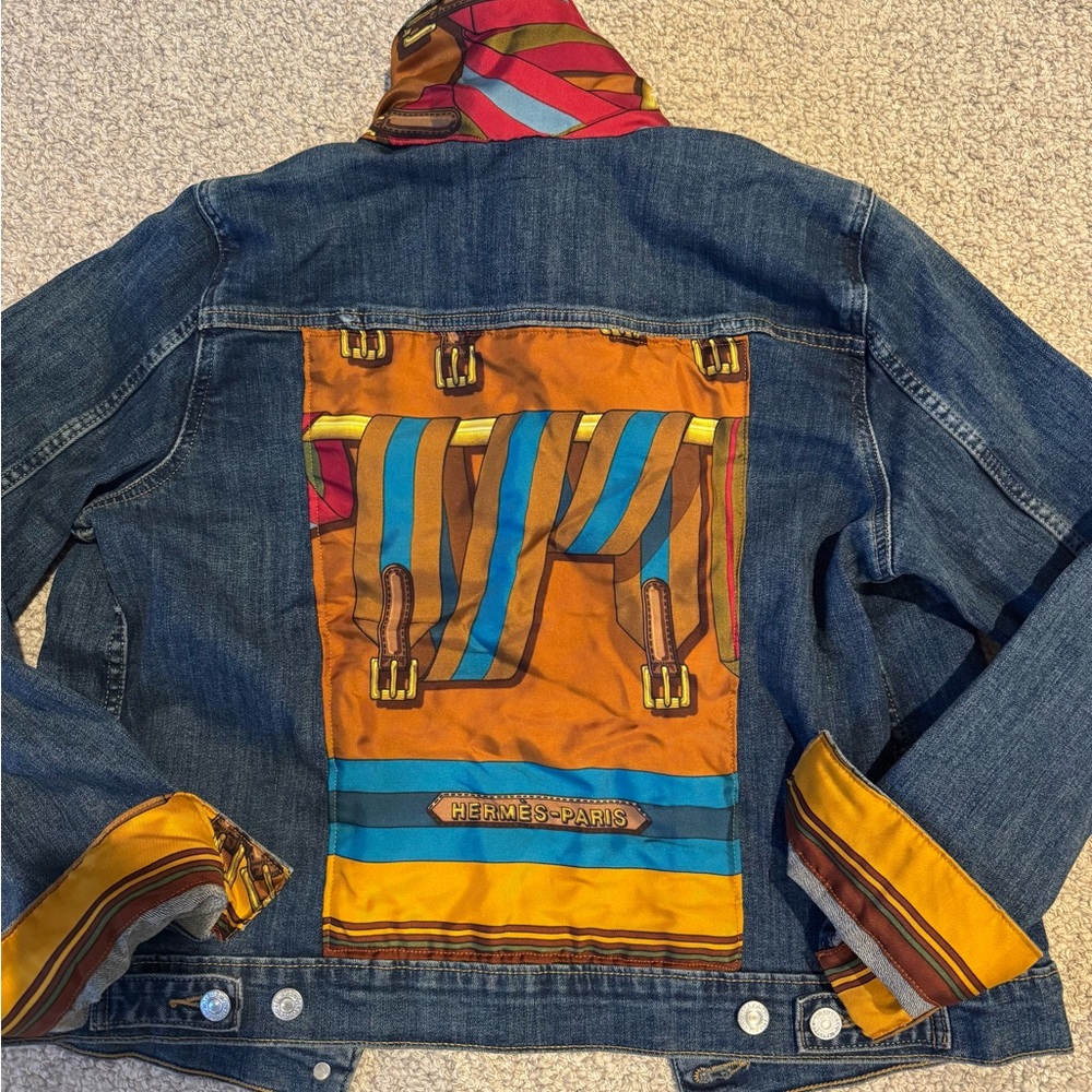 Hermès Denim Jacket with Colorful Scarf Detail
